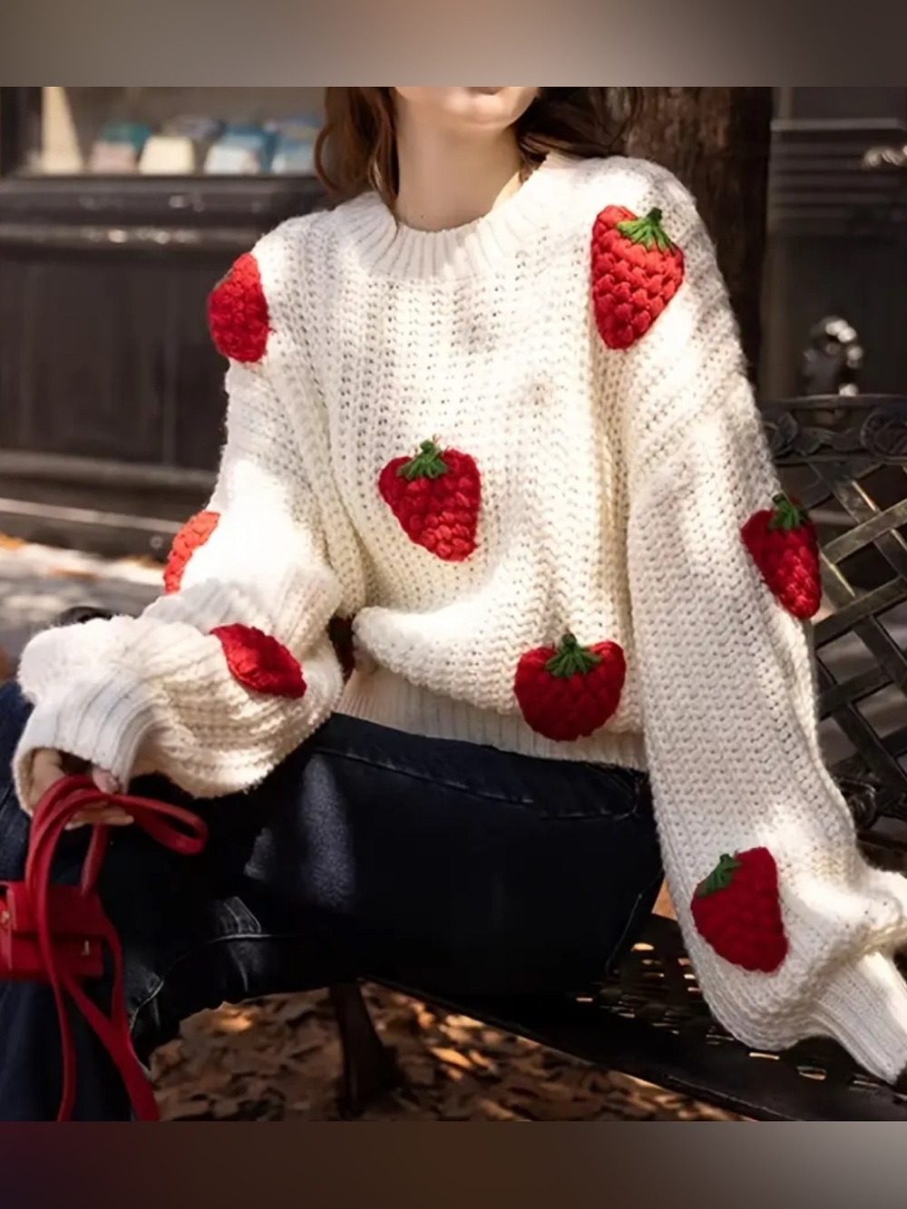 Oversized Puffy Strawberry Crocheted Sweater, Cream and Red